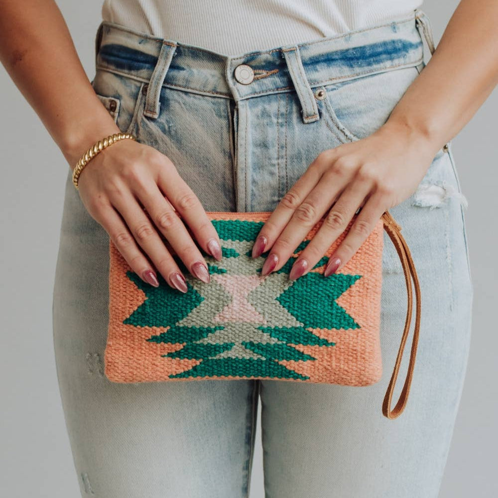 Orange, Green & Pink Aztec Wristlet