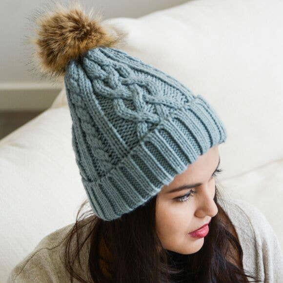 Cable Knit Beanie With Faux Fur Pom in Mint