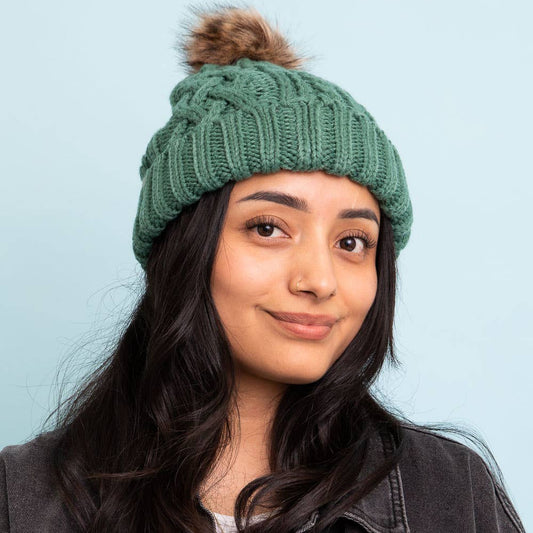 Cable Knit Beanie With Faux Fur Pom in Pine