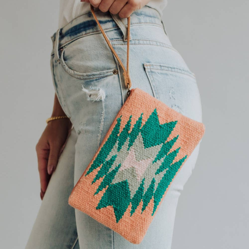 Orange, Green & Pink Aztec Wristlet