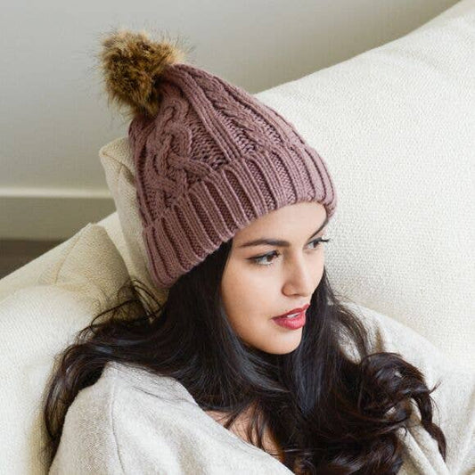 Cable Knit Beanie With Faux Fur Pom in Mauve