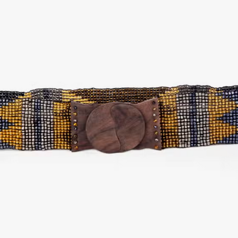 Beaded Woven Cinch Belt, Navy & Gold