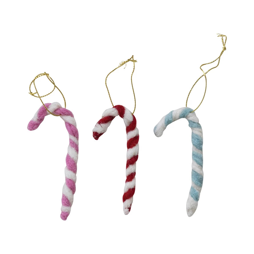 Handmade Wool Felt Candy Cane Ornament with Applique, Embroidery & Beads - Thumbnail 2