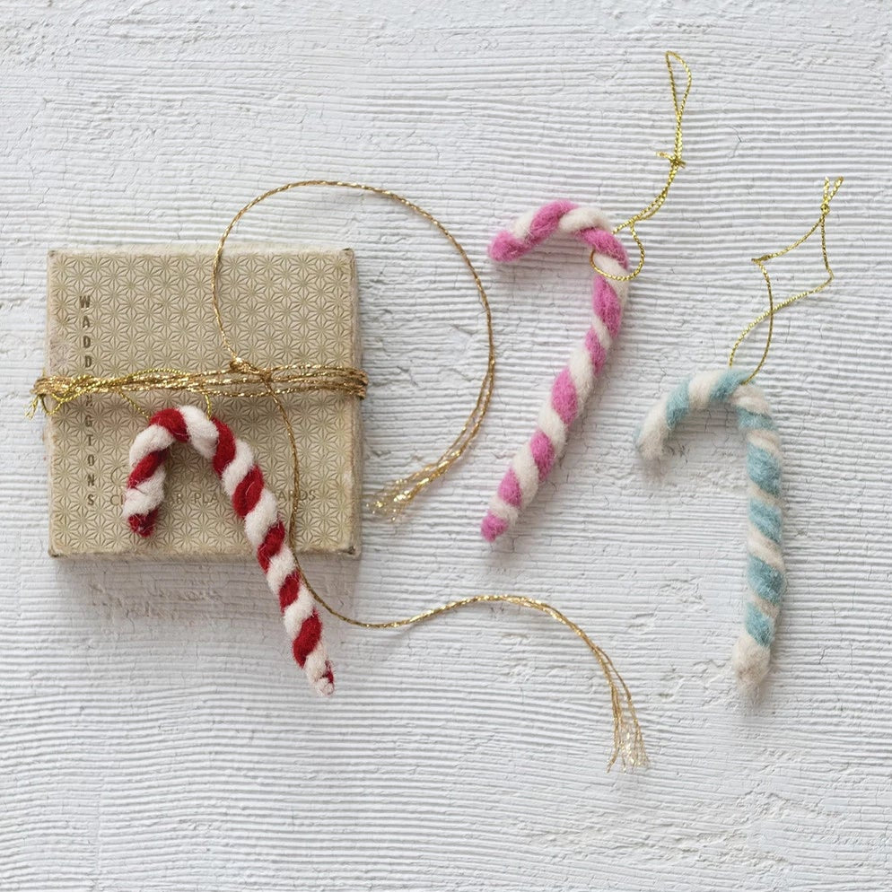 Handmade Wool Felt Candy Cane Ornament with Applique, Embroidery & Beads - Thumbnail 5