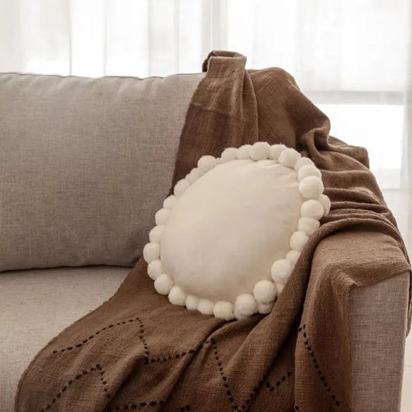 Round Pom Pom Pillow - Cream